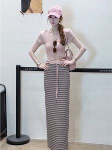 YUEZHONGWEI | Popular Korean Fashion Pink V-Neck Top and Skirt Two-Piece Set