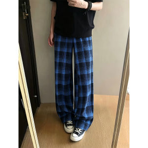 ZHUOCAN | American Blue Check Cleanfit Wide Leg Trousers