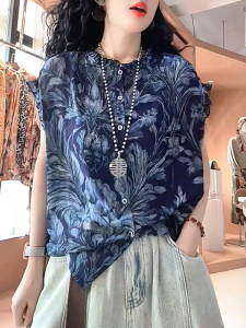 QINGNAER | Fashion Vintage Printed Loose Casual Plus Size Summer Womens Shirt
