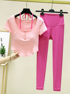 Women's Short Sleeve Yoga Fitness Suit Set with Neck Strap and Chest Pad Pilates Sportswear Comfortable Nylon Spring Summer