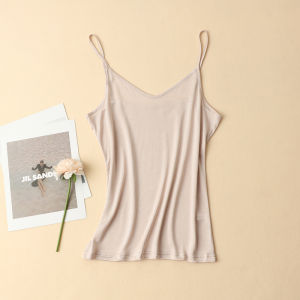 Silk V-neck Mini Strap Vest Knitted Thin Summer Simple Womens Fashion Top Straight Cut Regular Length Age 35-39 Silk 100%
