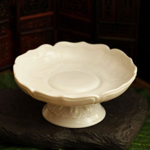 Indoor Ceramic Fruit Tray Buddha Hall Offering Tray White Porcelain Lotus Footed Tray Guanyin Sacrificial Tray Home Decor