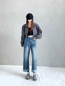 S~6XL High-Waisted Wide-Leg Rolled-Hem Straight-Leg Jeans
