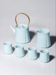 JINGDEZHEN | Celadon Carved Porcelain Tea Set with Handle Pot