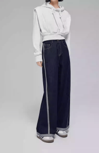 High Waist Wide Leg Cotton Denim Jeans Womens Loose Fashion Side Seam Color Block Casual Trousers Autumn New Design