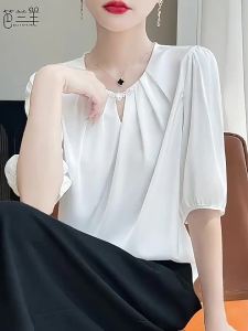 BALANYANG | Áo Sơ Mi Chiffon Giúp Gọn Gàng V-Neck Tay Ngắn