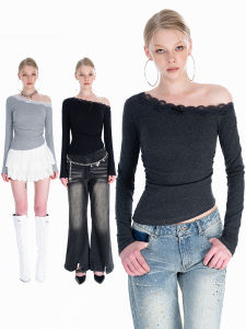 Offsoul Original Spicy Girl Lace Butterfly Knot Long Sleeve T-Shirt Womens Trendy Slim Fit Top Shoulder Baring Fashion
