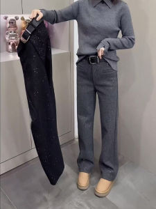 Fashionable High Waist Straight Leg Glitter Wide Leg Pants Womens Casual Trousers Spring Autumn New Style Slimming Effect