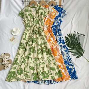 Vacation Style Versatile V-Neck Print Puff Sleeve Waist Cinching Slimming Pleated Mid-Length Womens Dress Fashionable All-Weather