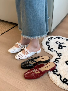 LALA Cute Bow Knot Hollow Mules | Waterproof Low Heel Slippers for Women 3 Colors Black White Red Hollow Out Bow Mules For Women Square Toe Low Block Heel Slip On Sandals Summer Casual Dress Shoes