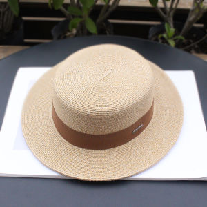 Womens Large Head Size British Style Sun Hat Summer Cool Straw Hat round Face Sunscreen Hat Flat Top Hat Casual Hat