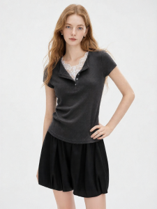 OSA | Fake Two Pieces Lace Knit Short Sleeve Summer New Henry Neck Waist-cinching Slim Women Blouse