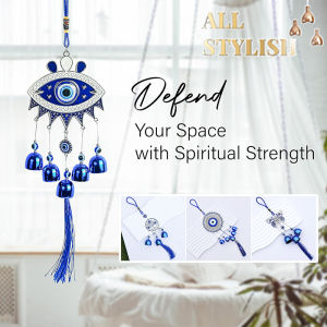 Evil Eye Nazar Amulet Wall Hanging 5 Bells Metal Charm for Home Entrance Office Decor Good Luck Protection Positive Energy & Prosperity Amulet