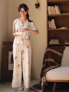 Minimalist Style Pajamas with Chest Pads for Girls and Teenagers in Summer Woman Plus Size Ice Silk Short Sleeved Pants Sleepwear Two-piece Set Casual Loose Home Clothes