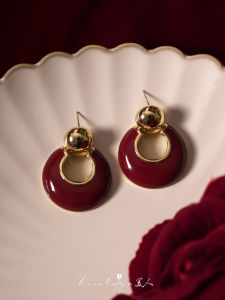 French Beauty Vintage Retro Wine Red French Hong Kong Style Fancy Fashionable Geometric Earrings/Ear Clip