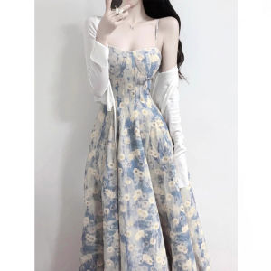 Plus Size Plus Size Ladies French Fancy Square-Cut Collar and Blue Oil Painting Floral Tight Waist Dress Female Elegant Slimming Long Dress