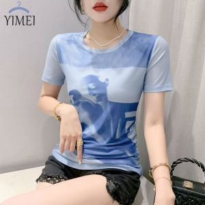 YIMEI เสื้อยืดผู้หญิงสวยๆ2023ฤดูใบไม้ผลิ/ฤดูร้อนตำแหน่งใหม่เสื้อยืดตาข่ายดอกไม้พิมพ์ลายเข้ารูปพอดี