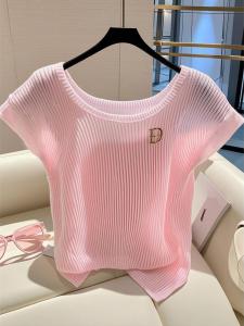 Lightweight Breathable Knitted Ice Silk Short Sleeve T-Shirt Womens Style Summer Fashionable Pink Loose Fit Anti-Aging Top