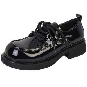 Josiny | Leather Oxford Shoes Women Black Elevating Thick Sole
