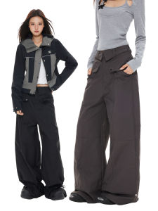 Apea | American Retro Black and Gray Loose Straight Leg High Waist Beautify Figure Trousers