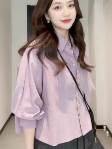 Purple Short Polo Collar Long Sleeve Shirt Jacket Womens 2025 New Summer Top Small Design Sense Blouse Korean Style Loose Fit