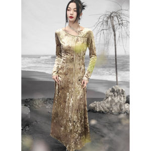Velvet Long Dress Womens Style New Chinese Print Neck Hanging Slim A-Line Skirt Vintage Wind Spring Autumn Winter Fashion