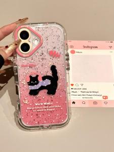 Feminine Full Cover Protection Apple 16Promax Phone Case Strawberry Black Cat Design Shockproof Durable Eco-Friendly Acrylic Shell