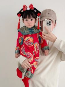 Princess Style Baby Girl Clothes Spring Autumn Cotton Romper New Year Celebration Full Moon 100 Days Birthday Ceremony Dress