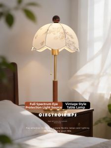 QINGYAO | French Vintage Table Lamp Print Fabric Shade Wood Decor