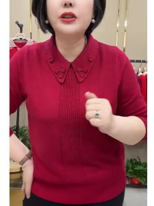 เสื้อสเวตเตอร์ถักคอปกสำหรับคุณแม่ ฤดูใบไม้ร่วง/ฤดูหนาว สีแดง เสื้อชั้นในผู้หญิง วัยกลางคนและผู้สูงอายุ ผ้าขนสัตว์ แขนยาว ปกติ