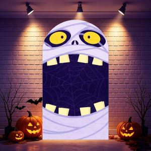 VIKAMA Kids Friendly Cartoon Mummy Halloween Arch Backdrop Big Mouth Spider Web Banner Kindergarten Family Party Photo Decor