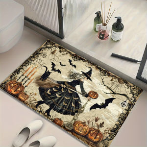 VIKAMA Retro Witch Halloween Rug Anti-slip Water-Resistant Bathroom Floor Mat Entrance Floor Decorative Rug Home Decoration