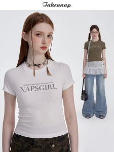 Takeanap Summer Short Sleeve T-Shirt Womens Waist-Cinching Folded Waist Letter Print American Retro Top Sweet Cool Style Cotton