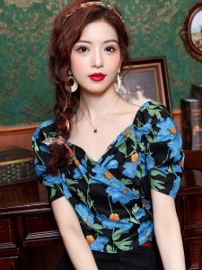 French Blue Floral Print Short Sleeve Women's Summer Shirt Vintage Cross V-Neck Bubble Sleeve Backless Top Commute Style Loose Fit