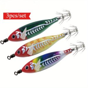 Ackibbik 3pcs/ Set 8cm/ 5.7g Glow-in-the-dark Squid Jig Lure Wood Shrimp Lure Bait Artificial Bait Squid Hook Bait Octopus