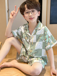 Summer Short Sleeve Childrens Sleepwear Ice Silk Boys Medium Large Boys Thin Home Clothes Set Cartoon Style Polyester Fiber