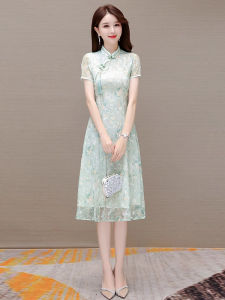 MAIMEI | Elegant Chinese Style Reformed Cheongsam High Waist A-Line Dress Summer New Arrival Womens Short Sleeve Embroidered Dress