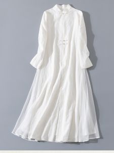 Elegant Zen-Inspired Midi Dress Chinese Style Long Sleeve Stand Collar Spring Autumn Fashionable Cotton Rayon Blend Gown