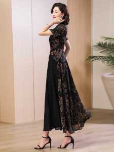 Elegant Slimming Chinese-Style Black Chiffon Flowered Cheongsam Dress