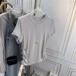 Lcelose Silk Wool Womens T-Shirt High Waist Slim Fit Short Sleeve Summer Thin Material Folded Design Korean Style round Neck