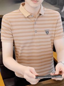 HENGYUANXIANG | Fashionable Casual Striped Polo Shirt Short Sleeve Mens T-Shirt Standard Fit Cool Feeling Light Weight Summer Cotton Blend
