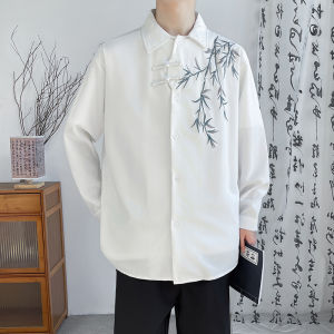 Elegant Long Sleeve Mens Shirt Ice Silk Embroidery Chinese National Style Button Design Spring Summer New Arrival Casual Wear