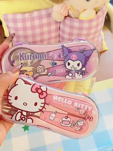 Food Grade 304 Stainless Steel Cute Sanrio Spoon Fork Set Baby Food Supplement Portable Tableware Set Eating Spoon