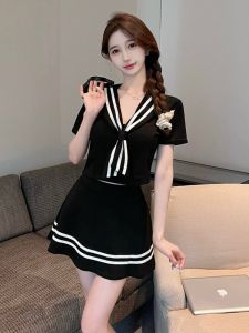 Summer 2025 New Navy Collar A-Line Short Skirt Two-Piece Set Club Work Uniform Cotton Short Sleeve Flip Collar Overhead Dress