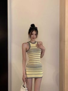 Spicy Stripe Knitted Vest Dress Womens Summer Slim Fit Color Block Short Skirt Highlighting Body Shape Waist Cinching Bodycon Skirt