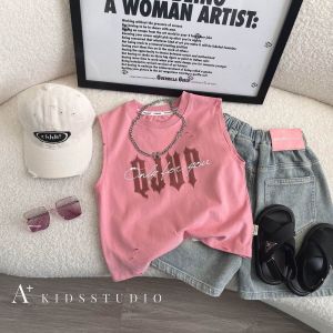 Áo Thun Cotton Không Tay in Họa Tiết Mùa Hè Cho Bé Trai Áo Thun Cotton Thoáng Khí Cổ Tròn in Chữ Phong Cách Hàn Quốc Cho Trẻ Em