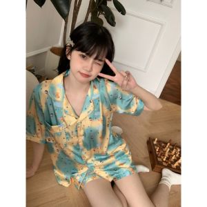 Elegant Panda Ice Silk Sleepwear Short Sleeve Womens Home Clothes Set Summer Cute Youth Fashion Thin Fabric Cartoon Print