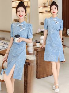 French Style A-Line Denim Dress New Chinese Style Womens Clothing Reformed Cheongsam Summer New National Style Denim Skirt Embroidered