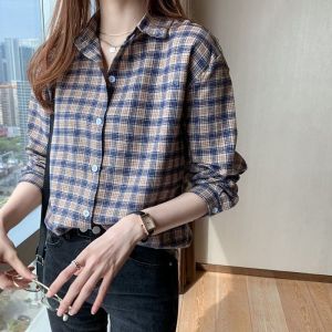 Cotton Plaid Shirt Womens Casual Long Sleeve Shirt Vintage BF Style Spring New Fashionable Large Collar Versatile Top