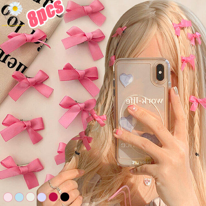 8PCS Pink Ribbon Bow Small Hair Clip Ins Sweet Cute Bangs Clip